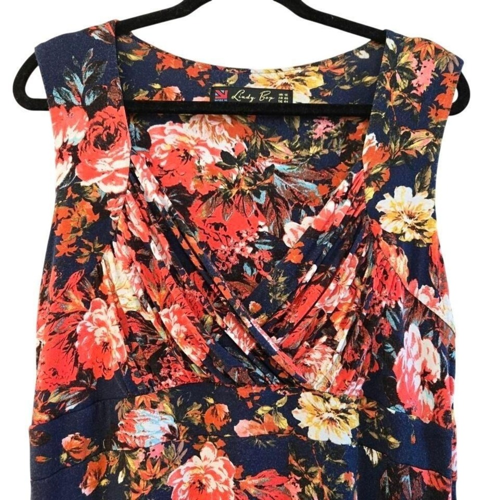 Lindy Bop, vintage navy floral midi dress, made in England, Size 2X - Picture 2 of 5